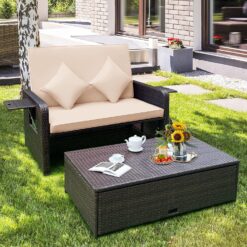 Tangkula Patio Rattan Daybed with 4-Level Adjustable Backrest, Outdoor PE Wicker Loveseat with Storage Ottoman & Folding Side Tray