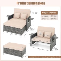Tangkula Patio Rattan Daybed with 4-Level Adjustable Backrest, Outdoor PE Wicker Loveseat with Storage Ottoman & Folding Side Table, Beige & Grey