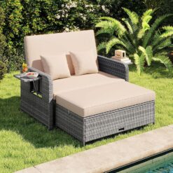 Tangkula Patio Rattan Daybed with 4-Level Adjustable Backrest, Outdoor PE Wicker Loveseat with Storage Ottoman & Folding Side Table, Beige & Grey