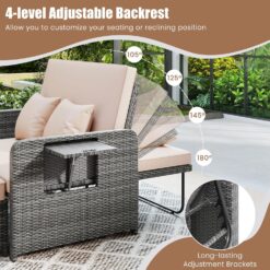 Tangkula Patio Rattan Daybed with 4-Level Adjustable Backrest, Outdoor PE Wicker Loveseat with Storage Ottoman & Folding Side Table, Beige & Grey