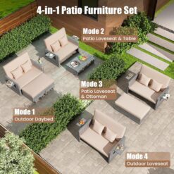 Tangkula Patio Rattan Daybed with 4-Level Adjustable Backrest, Outdoor PE Wicker Loveseat with Storage Ottoman & Folding Side Table, Beige & Grey
