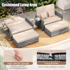 Tangkula Patio Rattan Daybed with 4-Level Adjustable Backrest, Outdoor PE Wicker Loveseat with Storage Ottoman & Folding Side Table, Beige & Grey