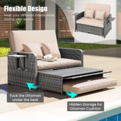 Tangkula Patio Rattan Daybed with 4-Level Adjustable Backrest, Outdoor PE Wicker Loveseat with Storage Ottoman & Folding Side Table, Beige & Grey