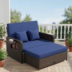Tangkula Patio Rattan Daybed with 4-Level Adjustable Backrest, Outdoor PE Wicker Loveseat, Navy & Brown