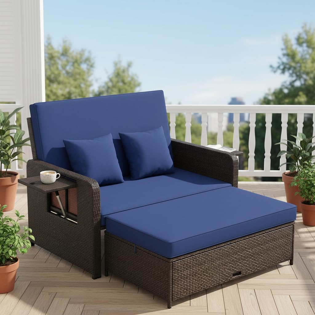 Tangkula Patio Rattan Daybed with 4-Level Adjustable Backrest, Outdoor PE Wicker Loveseat, Navy & Brown