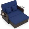 Tangkula Patio Rattan Daybed with 4-Level Adjustable Backrest, Outdoor PE Wicker Loveseat, Navy & Brown