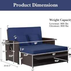 Tangkula Patio Rattan Daybed with 4-Level Adjustable Backrest, Outdoor PE Wicker Loveseat, Navy & Brown