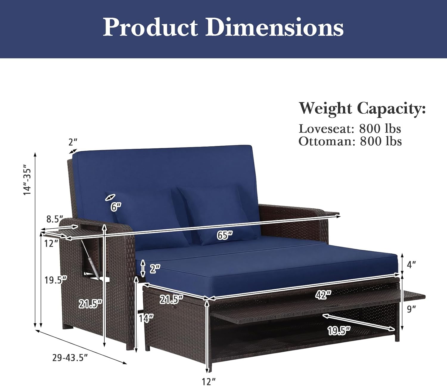Tangkula Patio Rattan Daybed with 4-Level Adjustable Backrest, Outdoor PE Wicker Loveseat, Navy & Brown