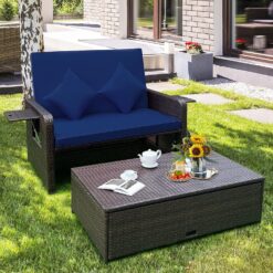 Tangkula Patio Rattan Daybed with 4-Level Adjustable Backrest, Outdoor PE Wicker Loveseat, Navy & Brown