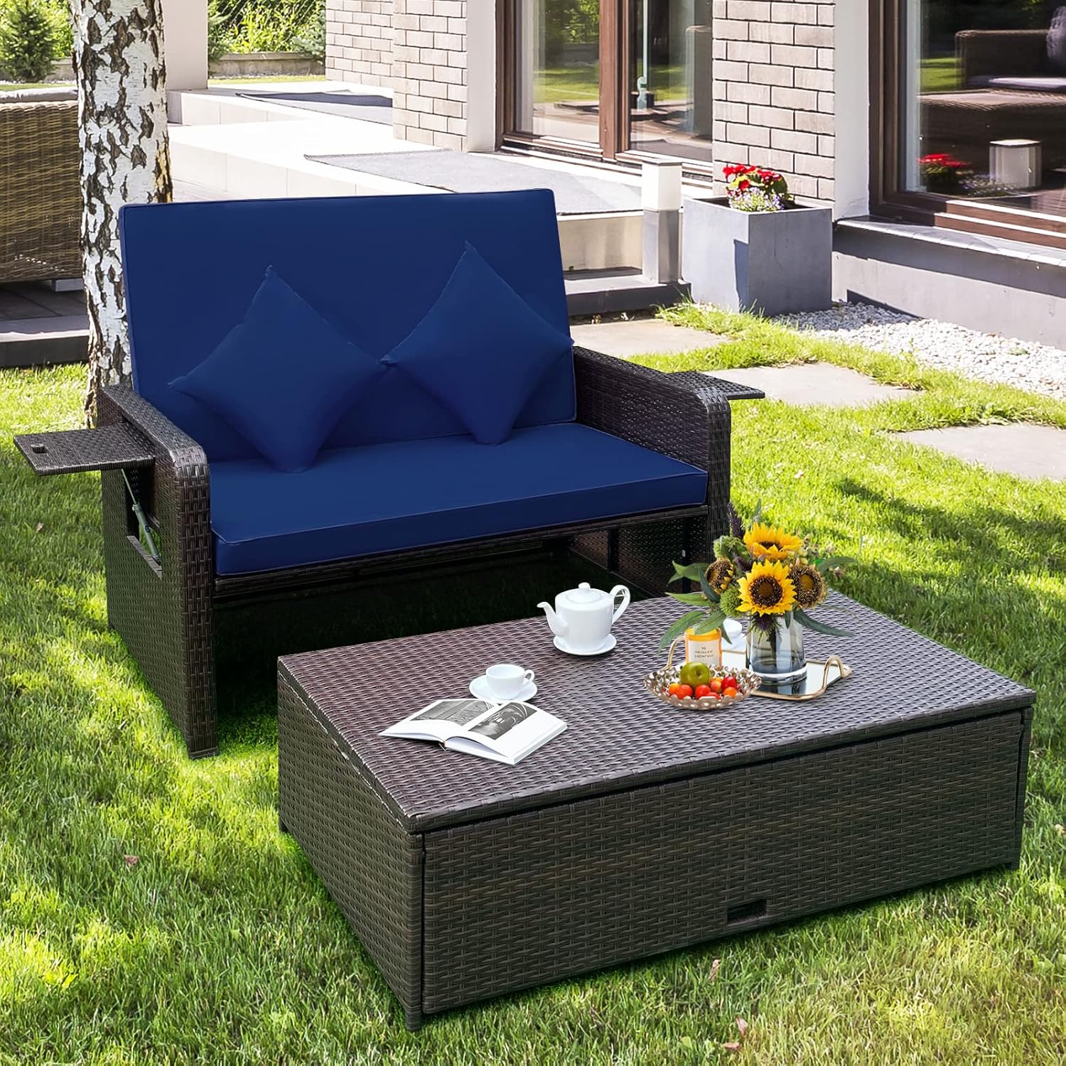 Tangkula Patio Rattan Daybed with 4-Level Adjustable Backrest, Outdoor PE Wicker Loveseat, Navy & Brown