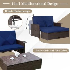 Tangkula Patio Rattan Daybed with 4-Level Adjustable Backrest, Outdoor PE Wicker Loveseat, Navy & Brown