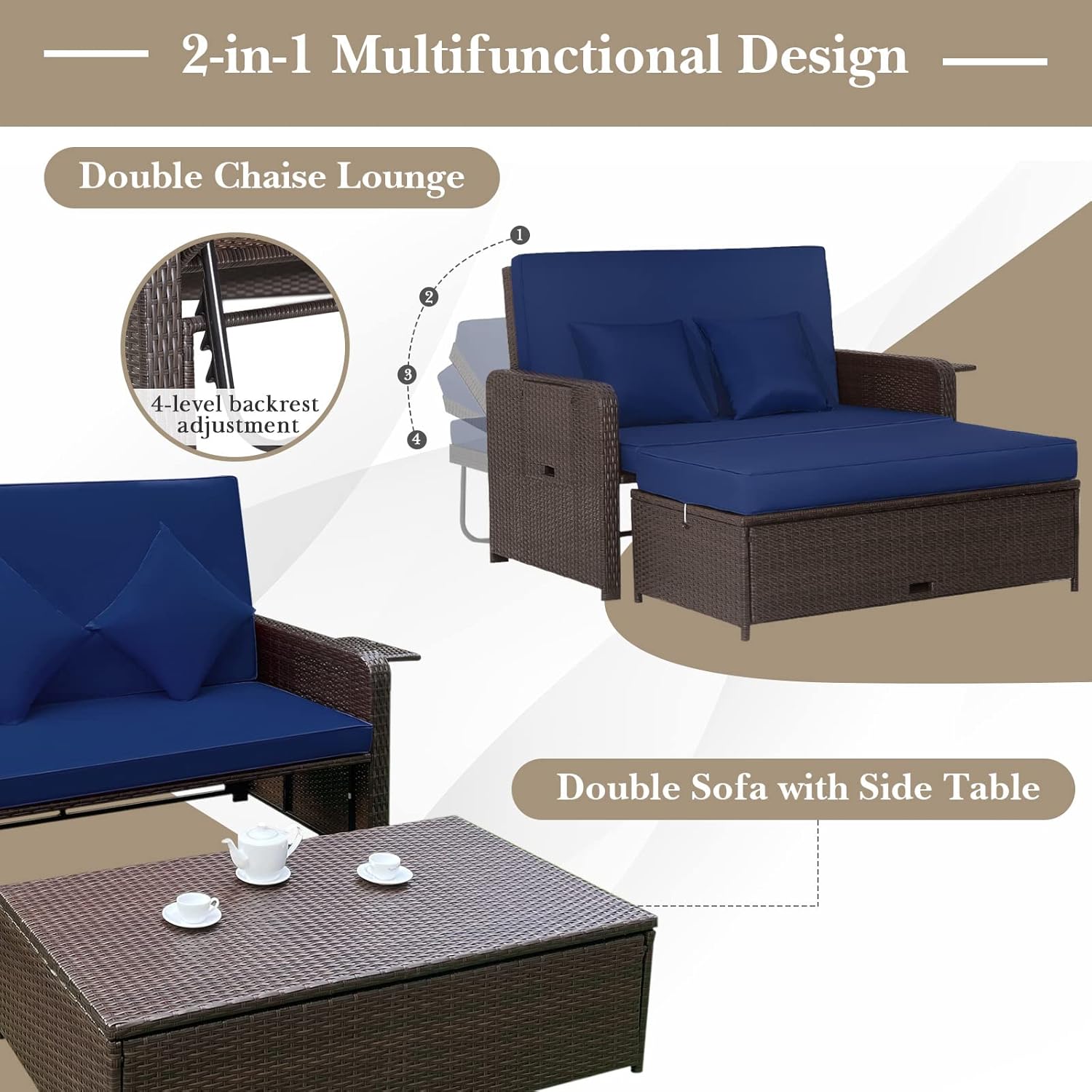 Tangkula Patio Rattan Daybed with 4-Level Adjustable Backrest, Outdoor PE Wicker Loveseat, Navy & Brown