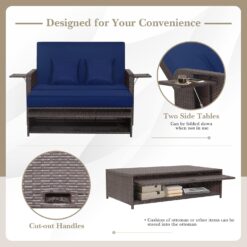 Tangkula Patio Rattan Daybed with 4-Level Adjustable Backrest, Outdoor PE Wicker Loveseat, Navy & Brown