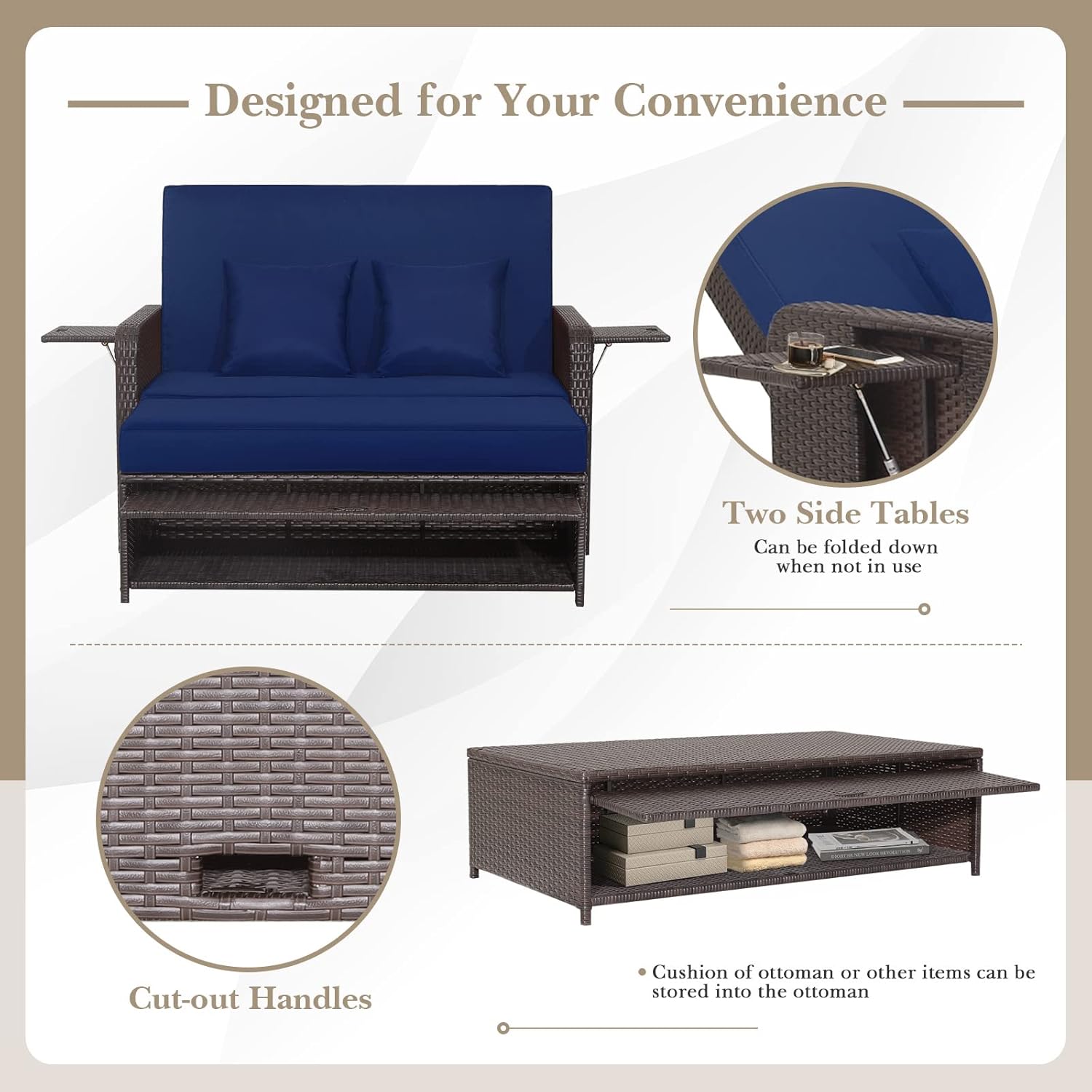 Tangkula Patio Rattan Daybed with 4-Level Adjustable Backrest, Outdoor PE Wicker Loveseat, Navy & Brown
