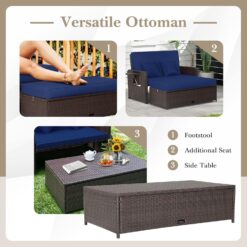 Tangkula Patio Rattan Daybed with 4-Level Adjustable Backrest, Outdoor PE Wicker Loveseat, Navy & Brown