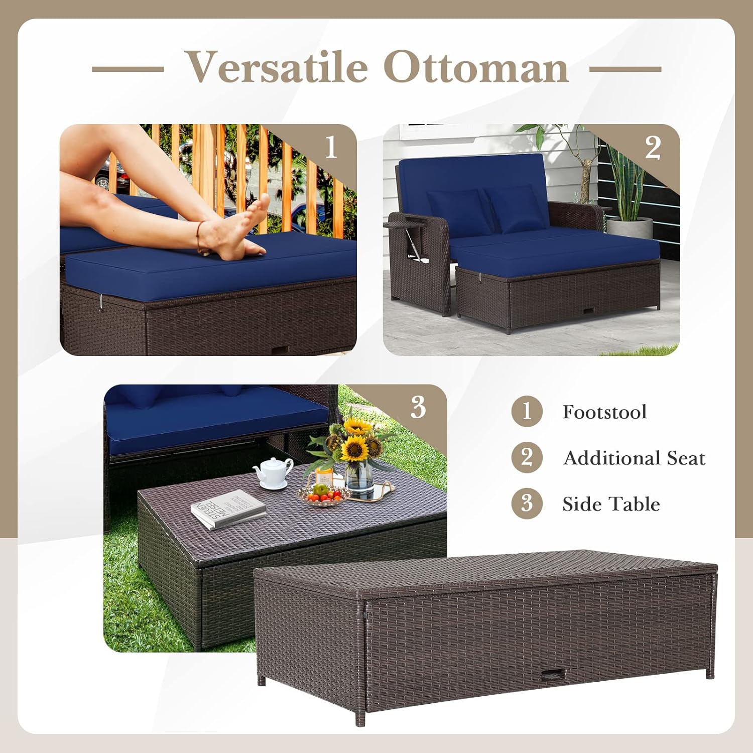 Tangkula Patio Rattan Daybed with 4-Level Adjustable Backrest, Outdoor PE Wicker Loveseat, Navy & Brown