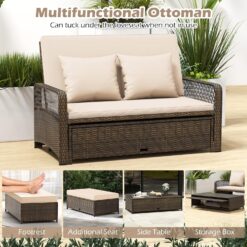 Tangkula Patio Rattan Daybed with 4-Level Adjustable Backrest, 2-Person Outdoor Wicker Loveseat with Storage Ottoman & Soft Cushions, Double Sunbed Lounger for Backyard, Porch, Poolside (Beige)
