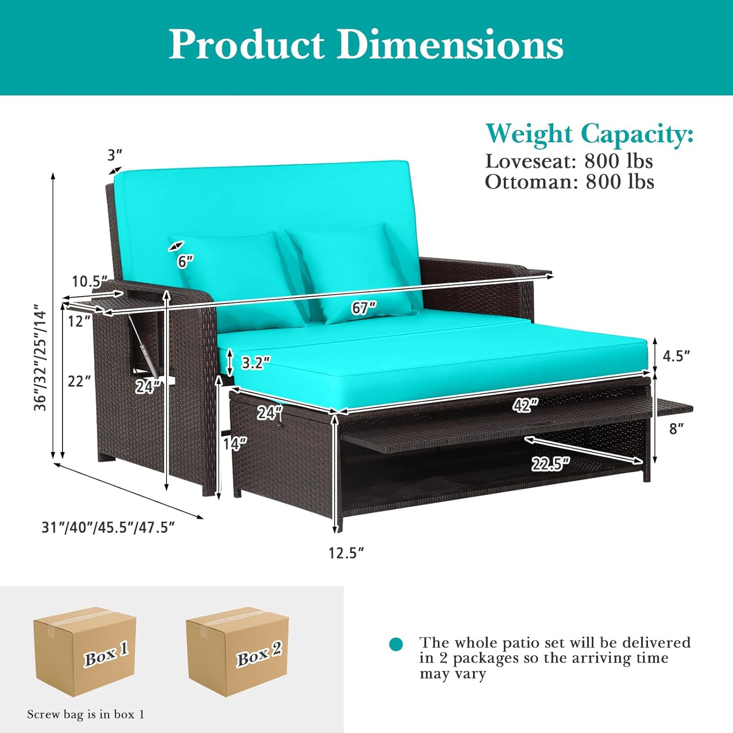 Nightcore Wicker Patio Outdoor Daybed, Outdoor Chaise Lounger w/ 4-Level Adjustable Backrest, Retractable Side Trays, Storage Ottoman, Comfortable & Removable Cushions, Rattan Loveseat (Turquoise)
