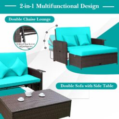Nightcore Wicker Patio Outdoor Daybed, Outdoor Chaise Lounger w/ 4-Level Adjustable Backrest, Retractable Side Trays, Storage Ottoman, Comfortable & Removable Cushions, Rattan Loveseat (Turquoise)