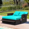 Nightcore Wicker Patio Outdoor Daybed, Outdoor Chaise Lounger w/ 4-Level Adjustable Backrest, Retractable Side Trays, Storage Ottoman, Comfortable & Removable Cushions, Rattan Loveseat (Turquoise)