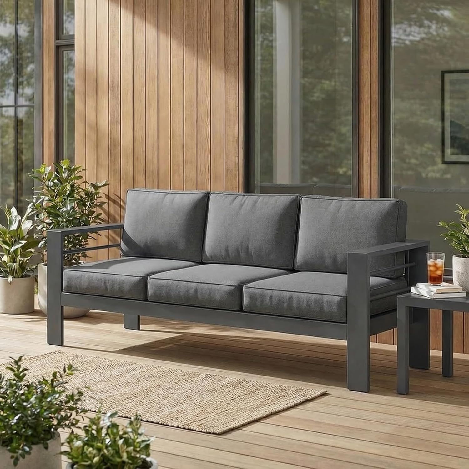 Wisteria Lane Metal Patio Furniture Sofa, All-Weather Outdoor Couch with Upgraded Cushions, Weather-Resistant Heavy Duty Modern Outdoor 3 Seats Sofa for Garden, Balcony, Deck, Backyard, Dark Grey
