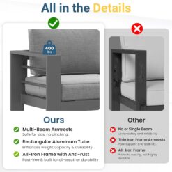 Wisteria Lane Metal Patio Furniture Sofa, All-Weather Outdoor Couch with Upgraded Cushions, Weather-Resistant Heavy Duty Modern Outdoor 3 Seats Sofa for Garden, Balcony, Deck, Backyard, Dark Grey