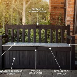 Keter Solana 70 Gallon Storage Bench Deck Box for Patio Furniture, Front Porch Decor and Outdoor Seating – Perfect to Store Garden Tools and Pool Floats, Graphite