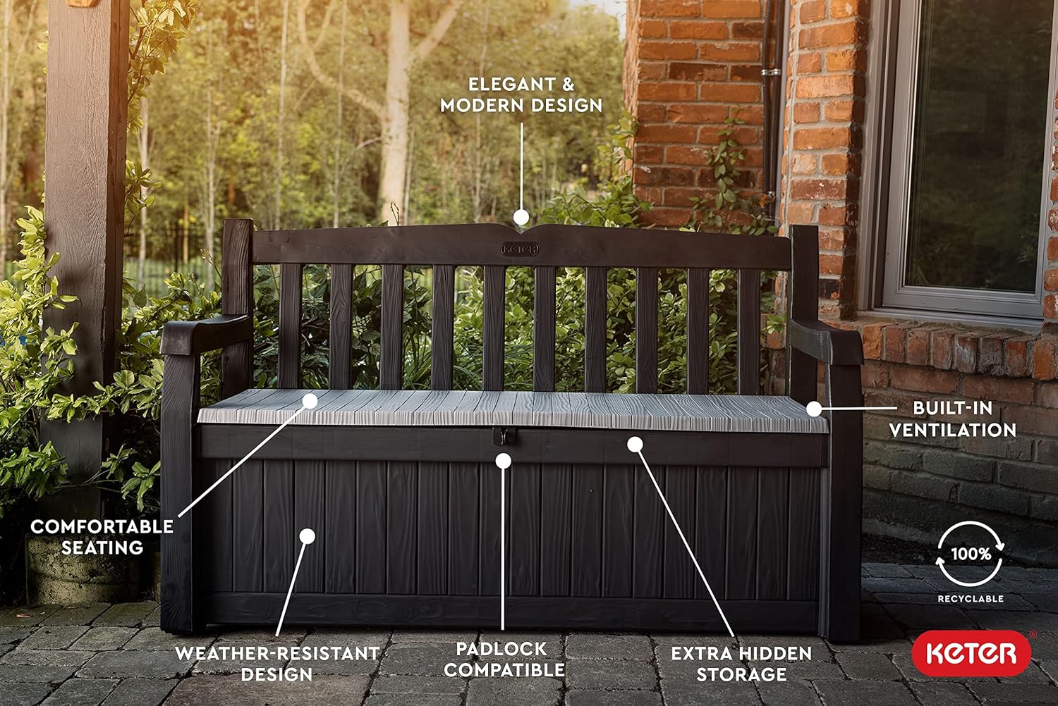Keter Solana 70 Gallon Storage Bench Deck Box for Patio Furniture, Front Porch Decor and Outdoor Seating – Perfect to Store Garden Tools and Pool Floats, Graphite