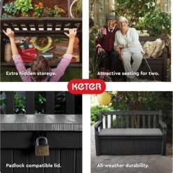 Keter Solana 70 Gallon Storage Bench Deck Box for Patio Furniture, Front Porch Decor and Outdoor Seating – Perfect to Store Garden Tools and Pool Floats, Graphite