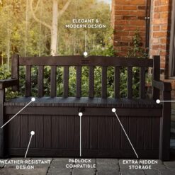 Keter Solana 70 Gallon Storage Bench Deck Box for Patio Furniture, Front Porch Decor and Outdoor Seating – Perfect to Store Garden Tools and Pool Toys, Brown/Brown