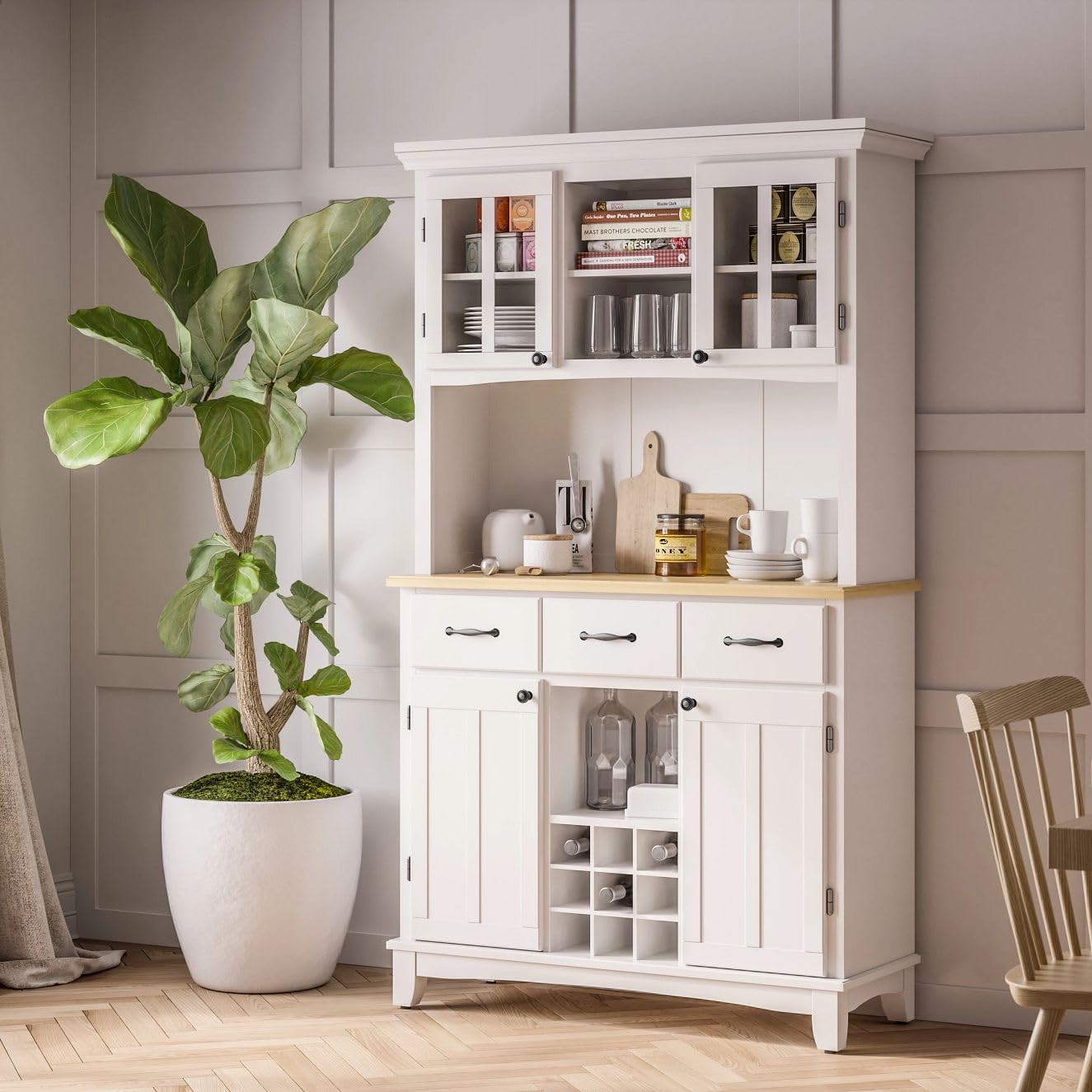 Homestyles Buffet of Buffets Off-White Server with Hutch and Natural Wood Top
