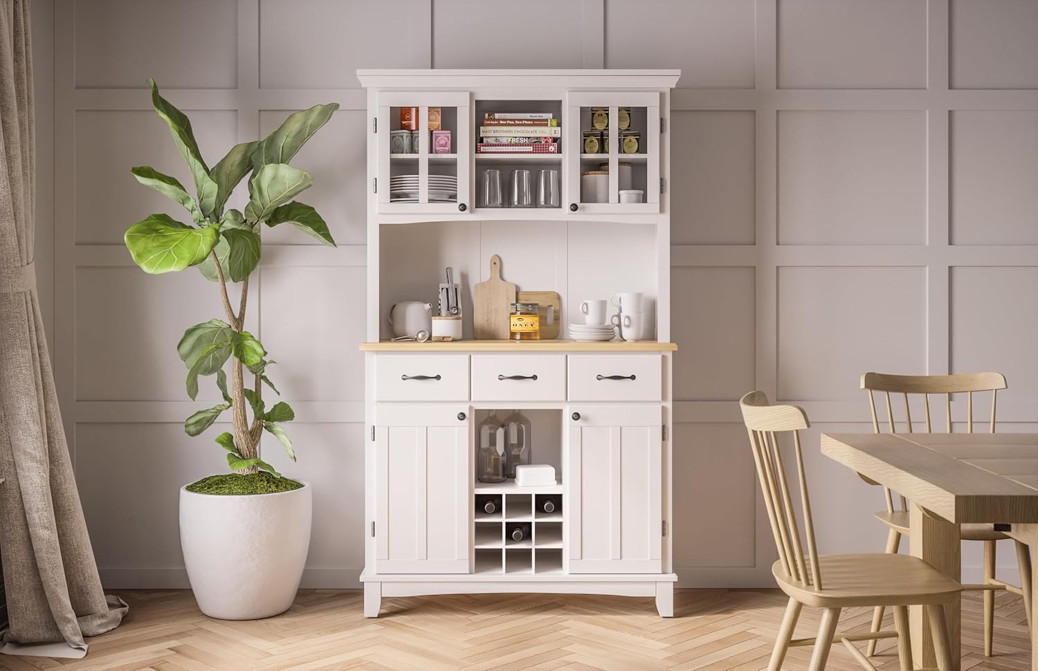 Homestyles Buffet of Buffets Off-White Server with Hutch and Natural Wood Top