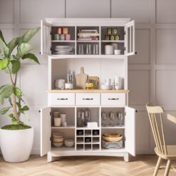 Homestyles Buffet of Buffets Off-White Server with Hutch and Natural Wood Top