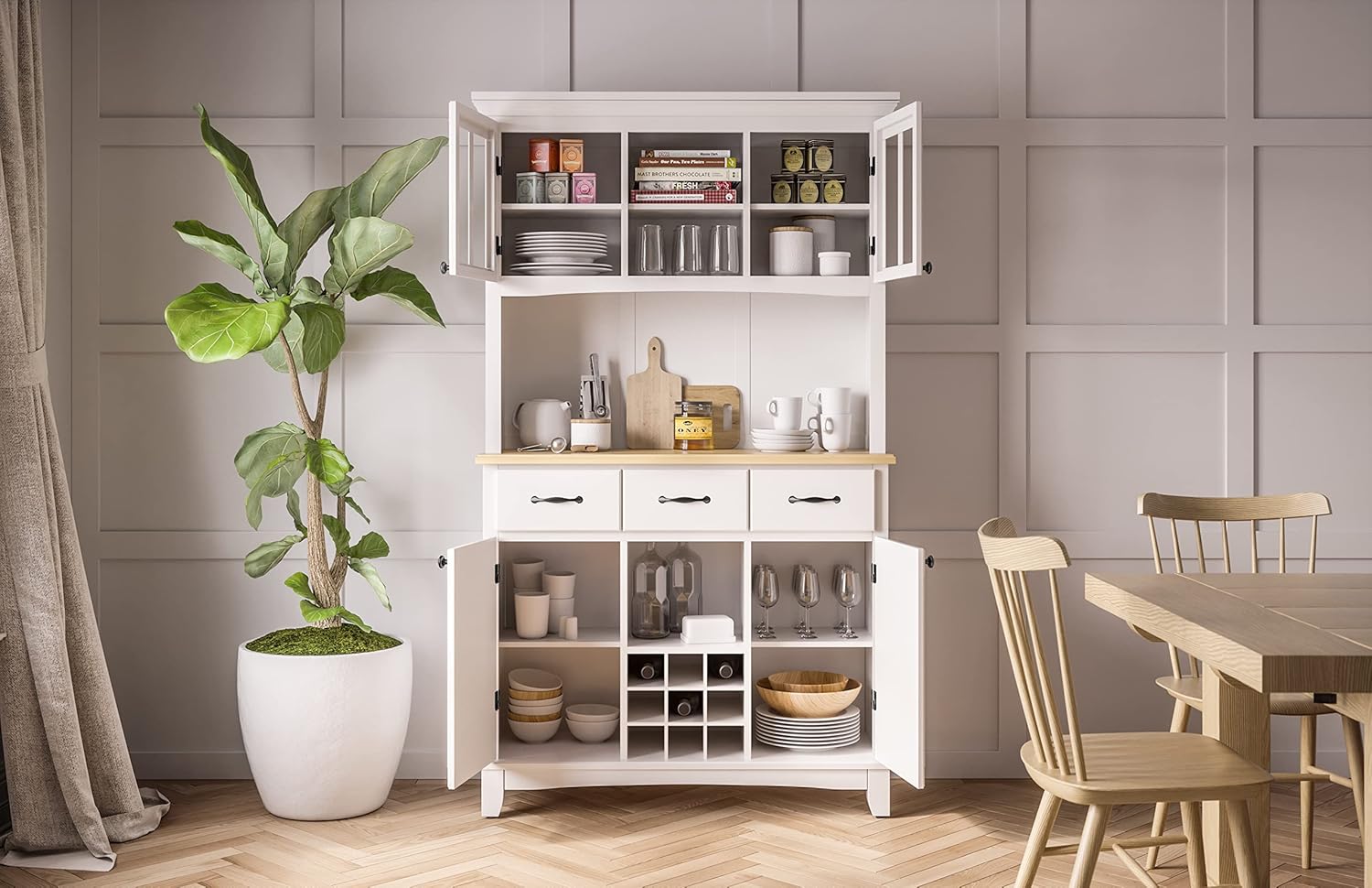 Homestyles Buffet of Buffets Off-White Server with Hutch and Natural Wood Top