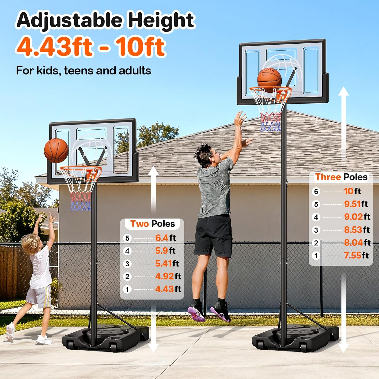Yohood Basketball Hoop Outdoor 10ft Adjustable, Portable Basketball Hoop Goal System