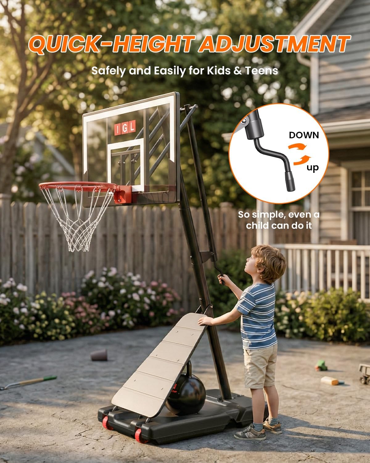 IGL Basketball Hoop Outdoor, Height Adjustable 5.3-10 FT, Portable Basketball Goal with Shatterproof Backboard