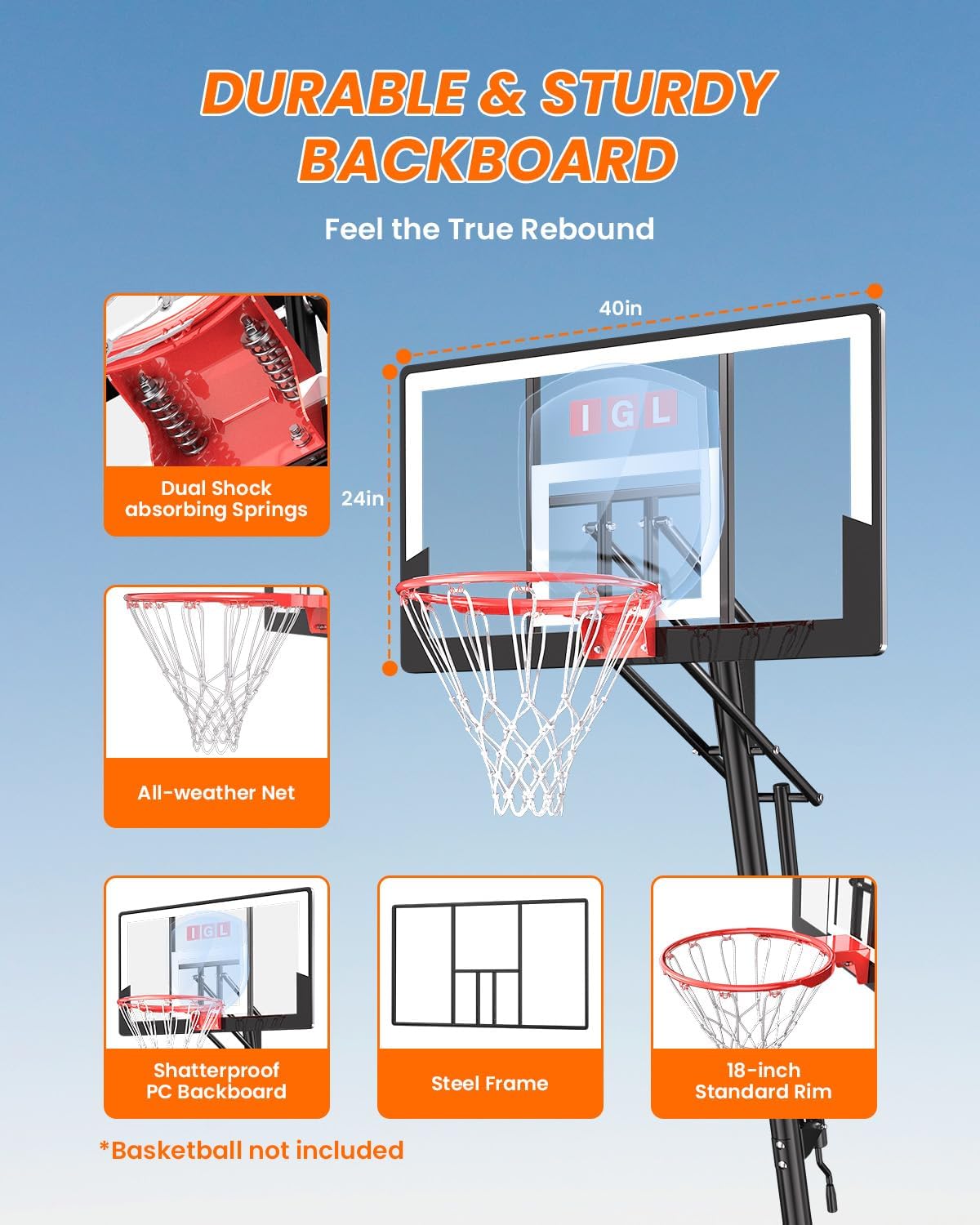 IGL Basketball Hoop Outdoor, Height Adjustable 5.3-10 FT, Portable Basketball Goal with Shatterproof Backboard
