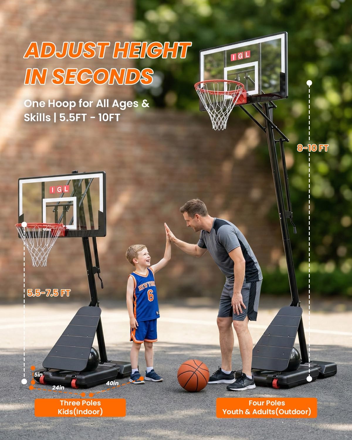 IGL Basketball Hoop Outdoor, Height Adjustable 5.3-10 FT, Portable Basketball Goal with Shatterproof Backboard