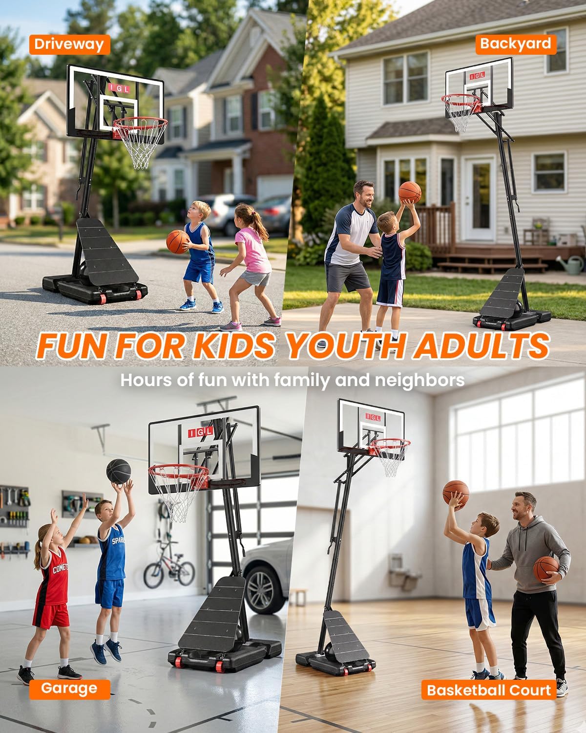 IGL Basketball Hoop Outdoor, Height Adjustable 5.3-10 FT, Portable Basketball Goal with Shatterproof Backboard