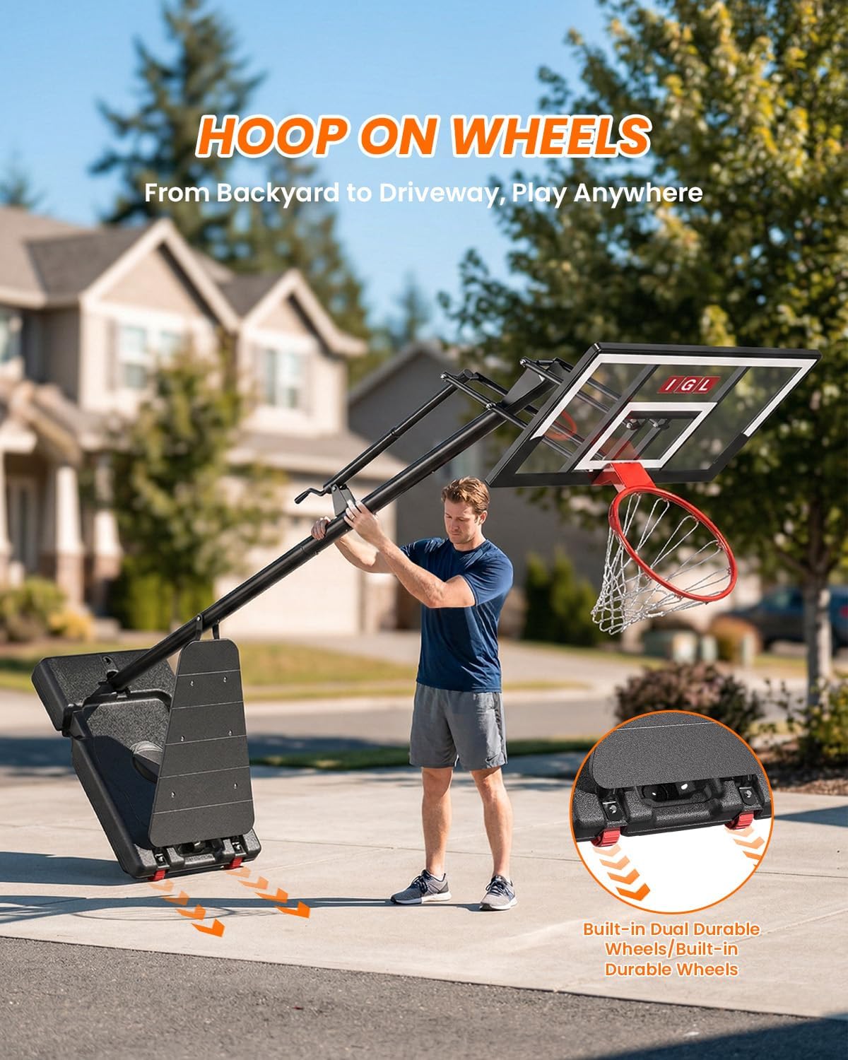 IGL Basketball Hoop Outdoor, Height Adjustable 5.3-10 FT, Portable Basketball Goal with Shatterproof Backboard