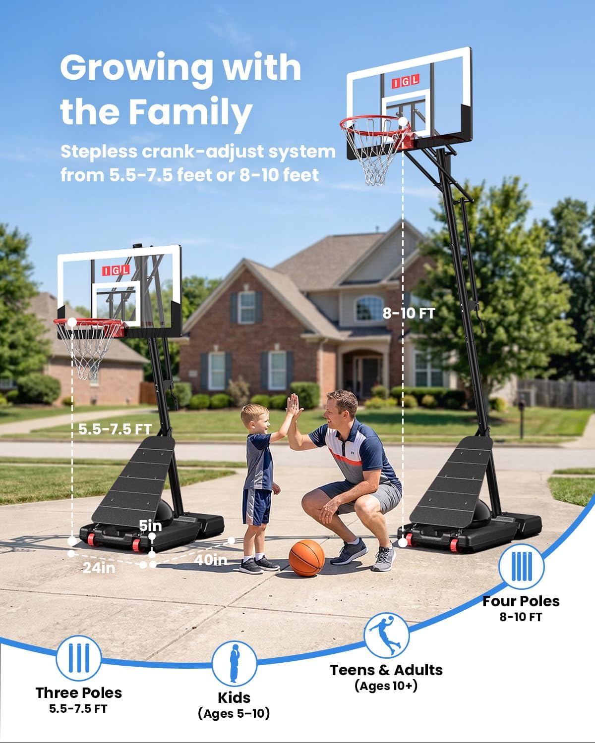 IGL Basketball Hoop Outdoor, Height Adjustable 5.3-10 FT, Portable Basketball Goal with Shatterproof Backboard for Kids Teens Adults, Backyard Driveway