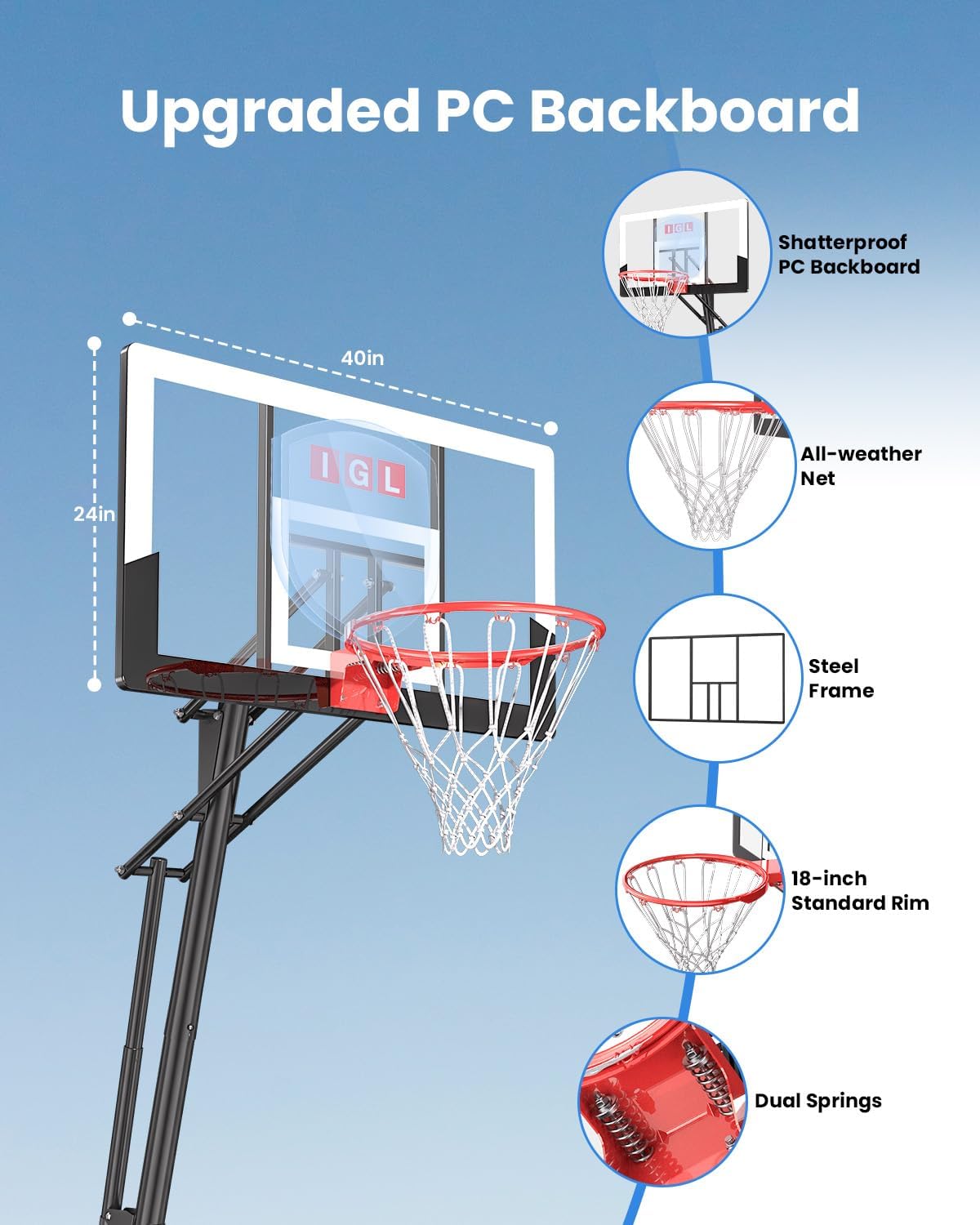 IGL Basketball Hoop Outdoor, Height Adjustable 5.3-10 FT, Portable Basketball Goal with Shatterproof Backboard for Kids Teens Adults, Backyard Driveway