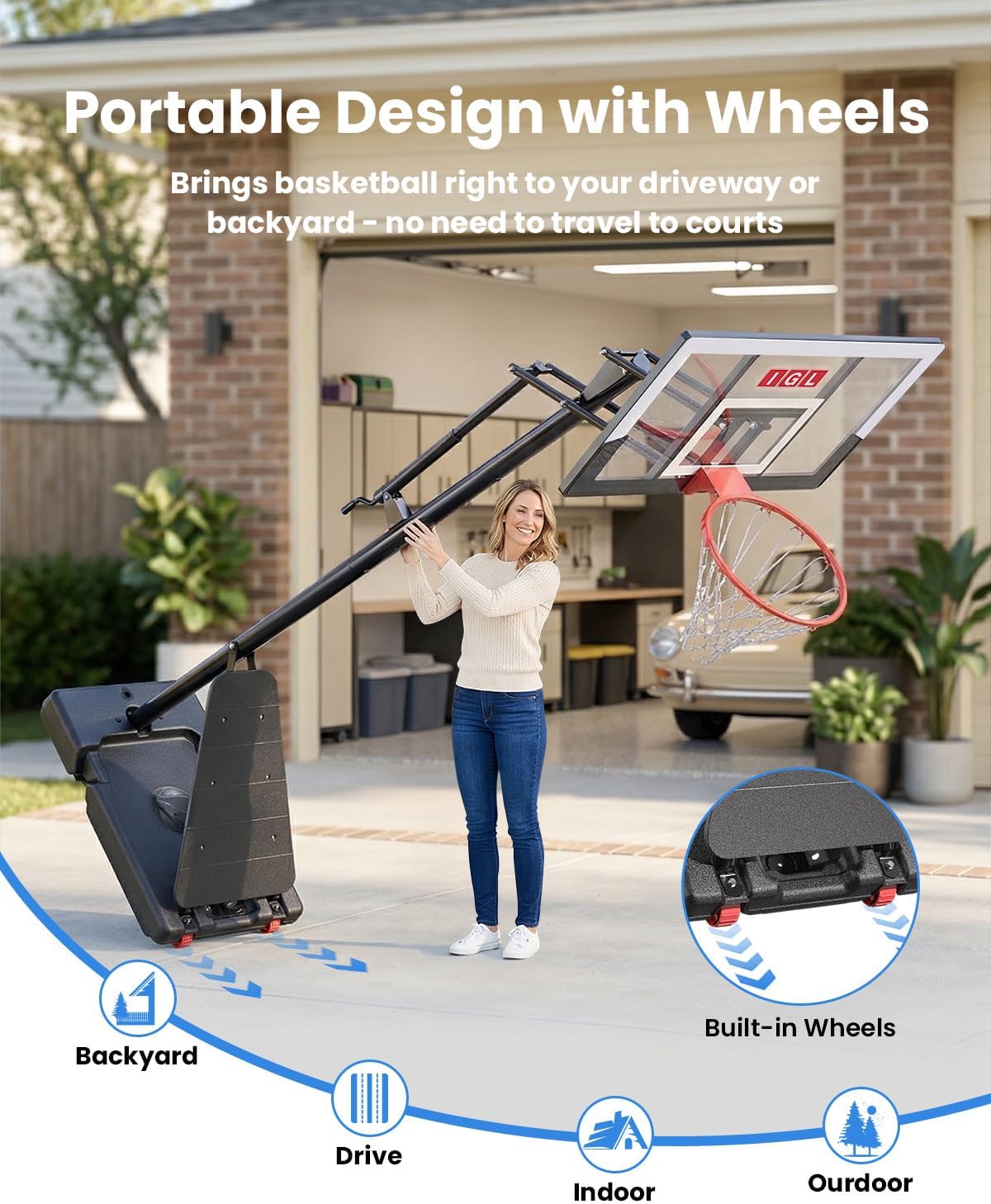 IGL Basketball Hoop Outdoor, Height Adjustable 5.3-10 FT, Portable Basketball Goal with Shatterproof Backboard for Kids Teens Adults, Backyard Driveway