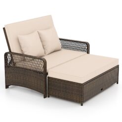 Tangkula Patio Rattan Daybed with 4-Level Adjustable Backrest, 2-Person Outdoor Wicker Loveseat with Storage Ottoman & Soft Cushions, Double Sunbed Lounger for Backyard, Porch, Poolside (Beige)