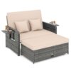 Tangkula Patio Rattan Daybed with 4-Level Adjustable Backrest, Outdoor PE Wicker Loveseat with Storage Ottoman & Folding Side Table, Beige & Grey