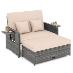 Tangkula Patio Rattan Daybed with 4-Level Adjustable Backrest, Outdoor PE Wicker Loveseat with Storage Ottoman & Folding Side Table, Beige & Grey