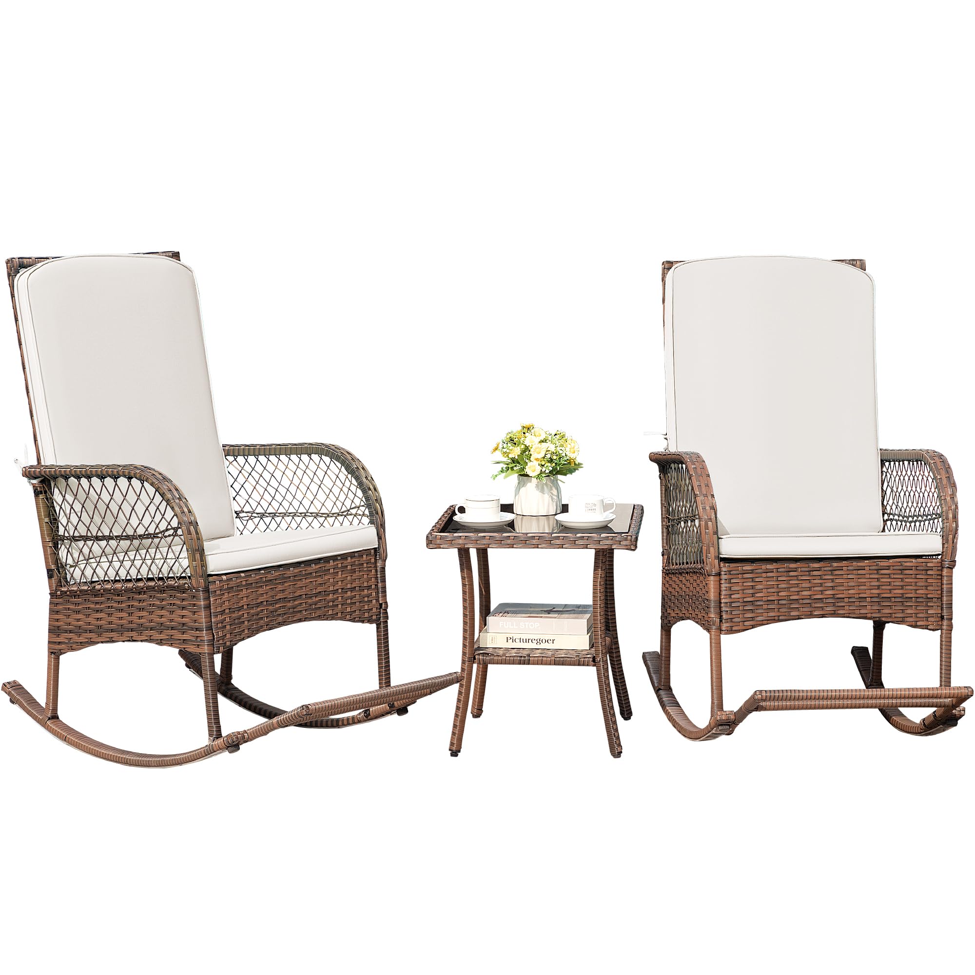 Greesum 3 Piece Outdoor Wicker Rocking Chairs Patio Furniture Set with Glass Coffee Table for Garden Backyard Porch Poolside, Beige