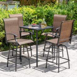 Nuu Garden 5 -Piece Black Bar Height Patio Dining Set Iron Square Table with 4 Brown Swivel Chairs