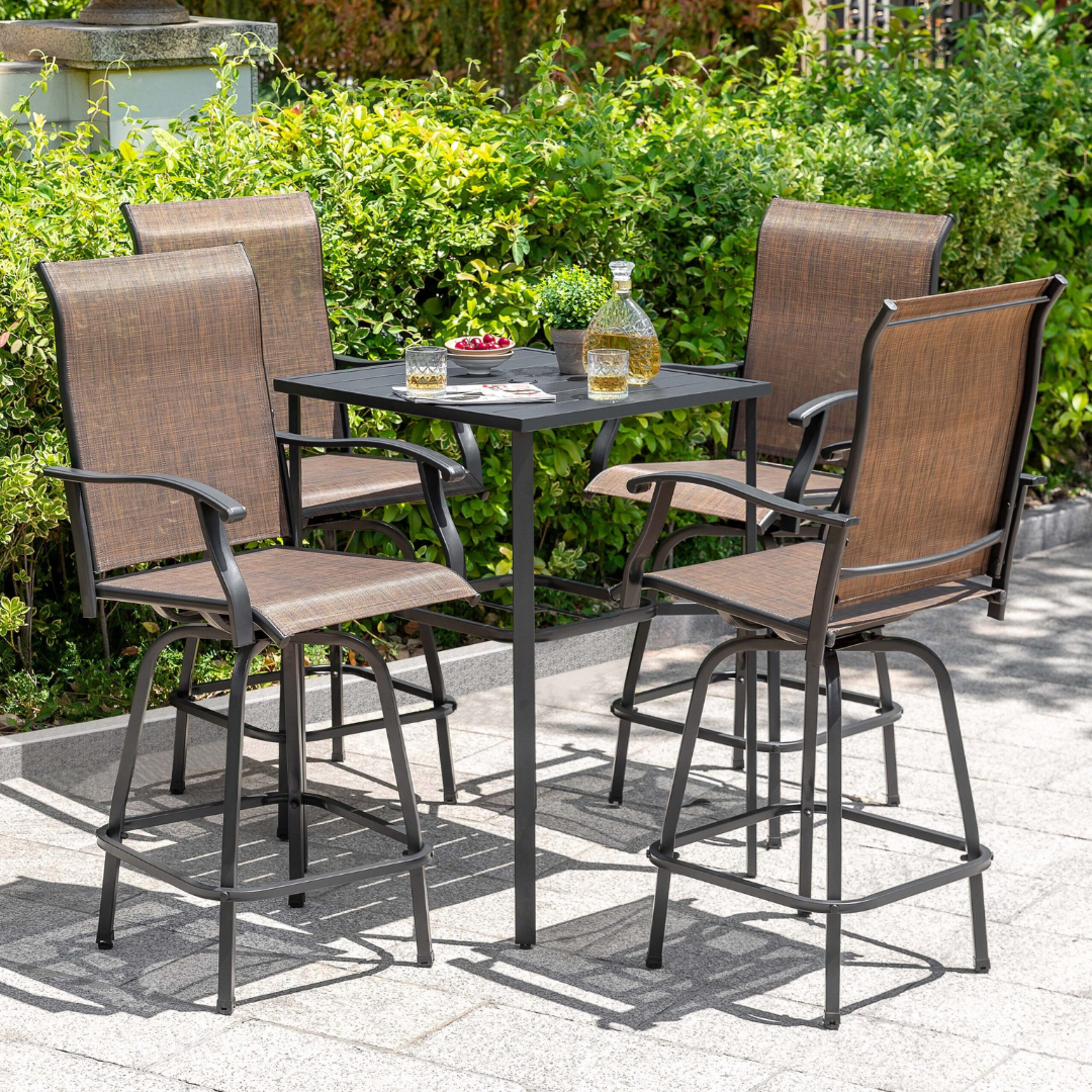 Nuu Garden 5 -Piece Black Bar Height Patio Dining Set Iron Square Table with 4 Brown Swivel Chairs