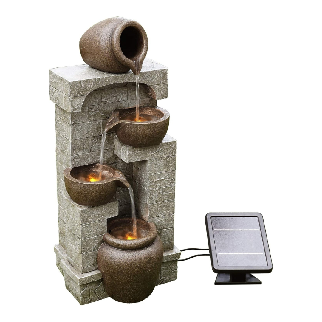 Teamson Home 28 in. Cascading Bowls and Stacked Stones LED Outdoor Water Fountain for Outdoor Living Spaces to Create a Calming Oasis in Gardens and Landscaping, on Patios, Balconies, Lawns, Brown